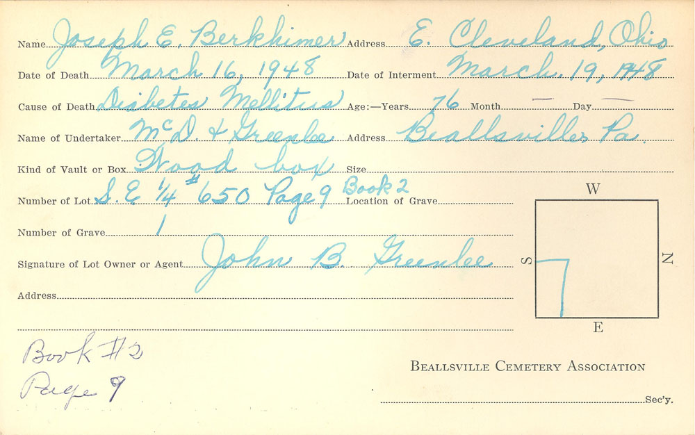 Joseph E. Berkhimer  burial card
